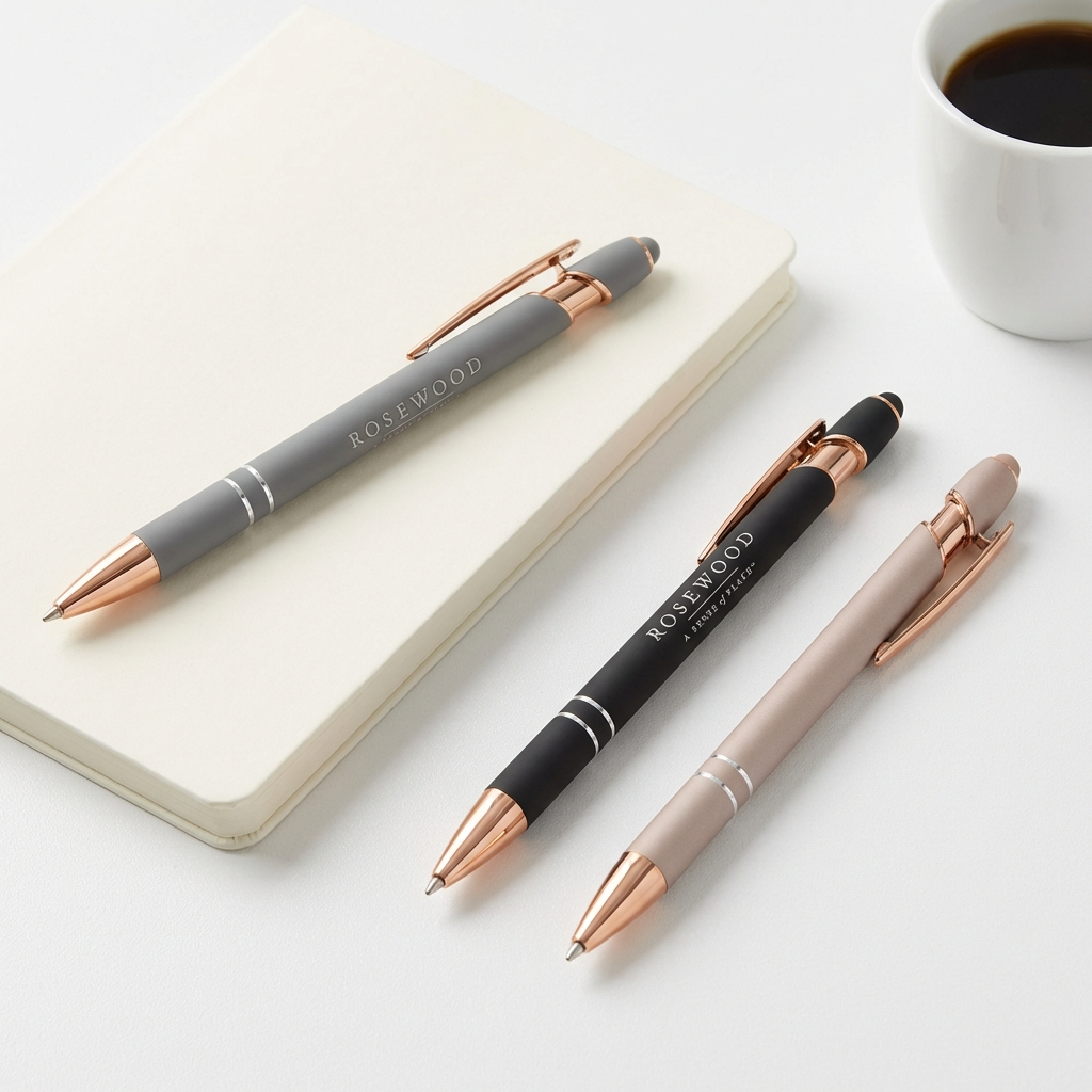 Three Xpress Soft Touch Stylus pens with rose gold trim from PensXpress rest on a closed notebook beside coffee. The gray, black, and beige pens make stylish branded promotional products for any workspace.