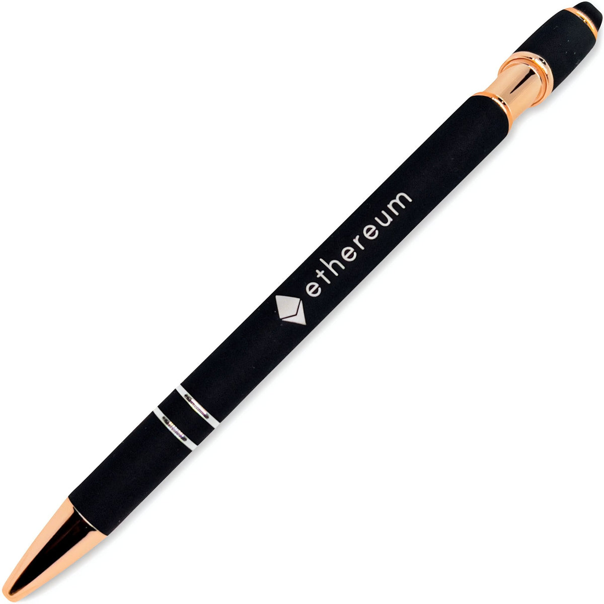 The Xpress Soft Touch Stylus by PensXpress features rose gold trim and a stylus tip for added functionality¡ªperfect as a stylish promotional product with ¡°ethereum¡± and the Ethereum logo printed on the side.