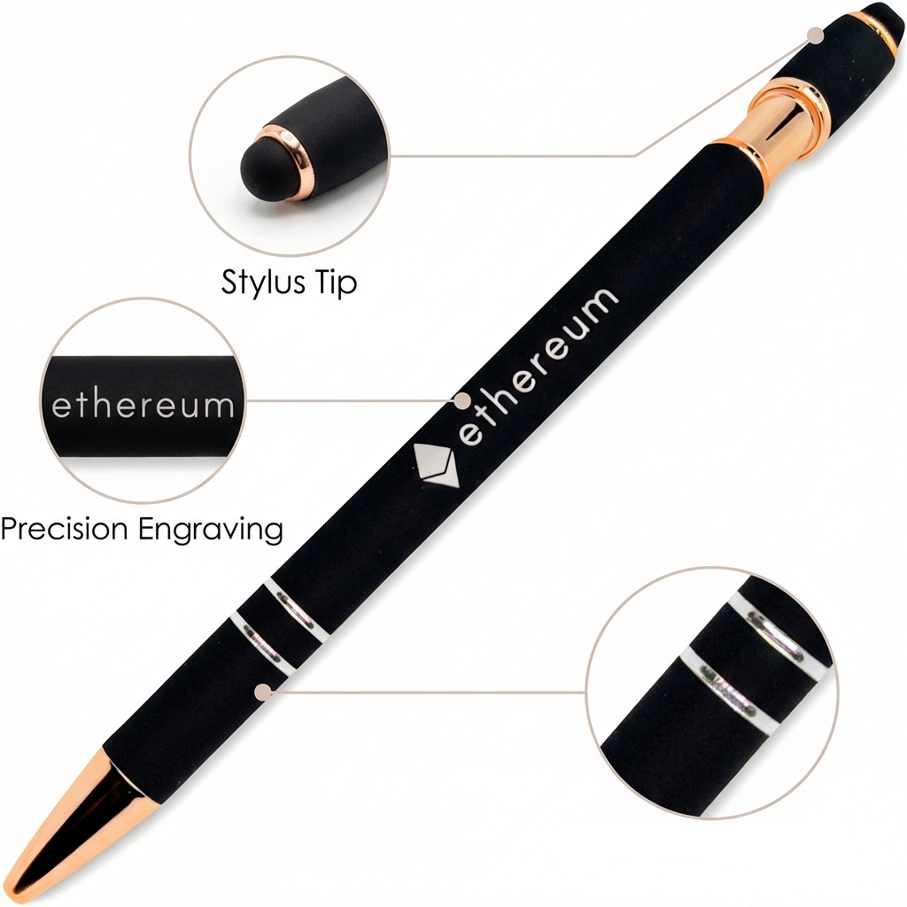 The Xpress Soft Touch Stylus by PensXpress features rose gold trim, a black finish with the Ethereum logo and text, a stylus tip, precision engraving, and a comfortable grip¡ªperfect as a promotional product.