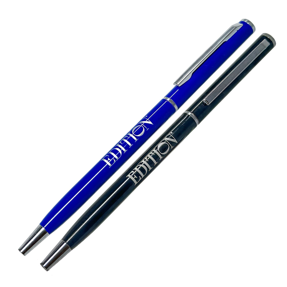 The Xpress Ultra Slim Metal pen set by PensXpress includes blue and black ballpoint pens with silver tips, clips, and EDITION on the barrels¡ªluxury writing instruments for everyday elegance.