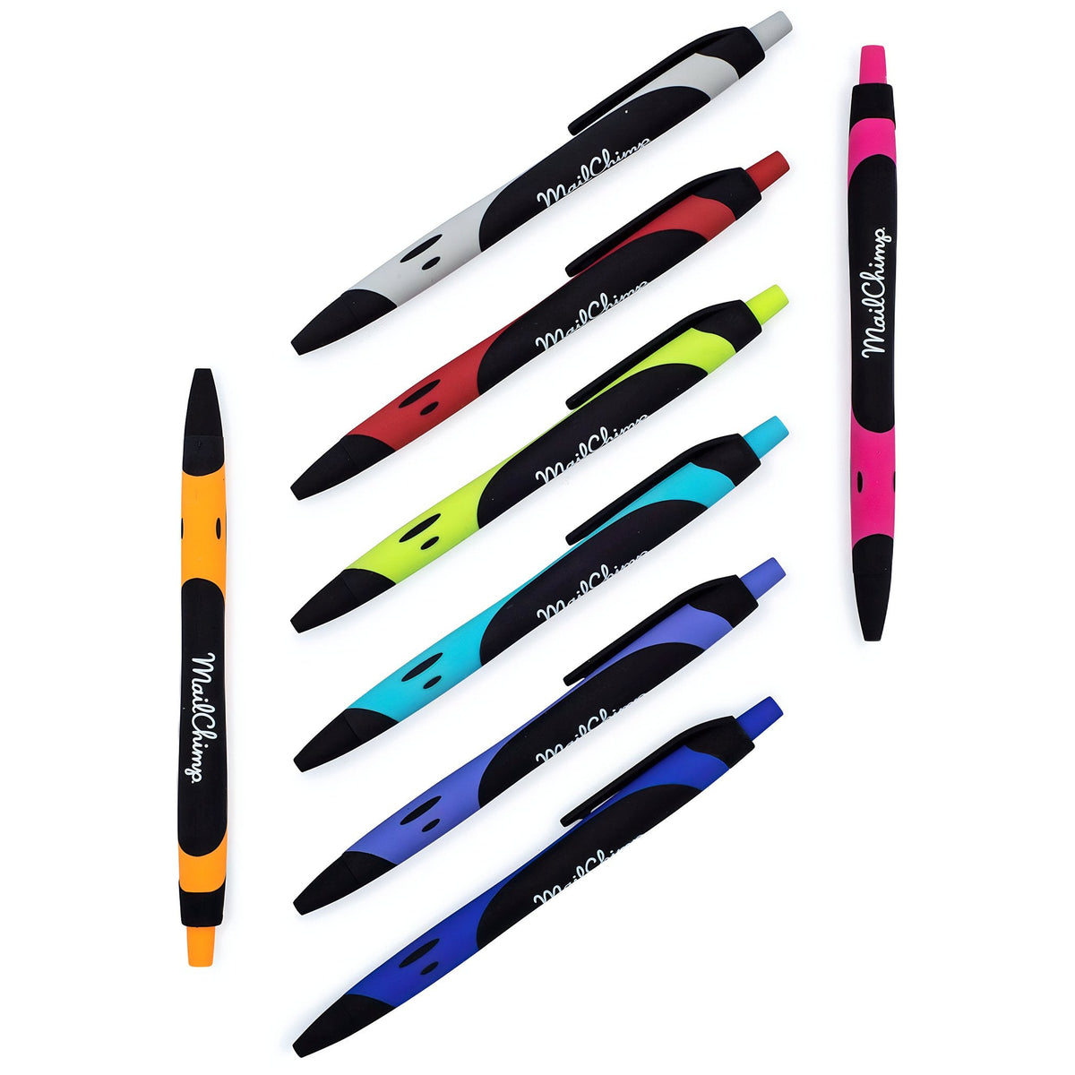 Eight Xpress Blackmore pens by PensXpress, featuring black accents and arranged on a white background, display vibrant barrel colors: orange, red, green, teal, light blue, blue, purple, and gray.