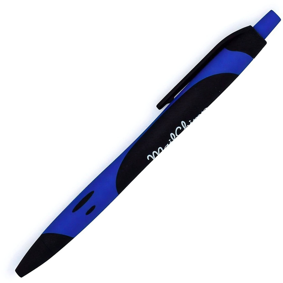 The PensXpress Xpress Blackmore, a blue and black retractable ballpoint pen with rubber grip and pocket clip, ideal for branded marketing, is shown diagonally on a white background.