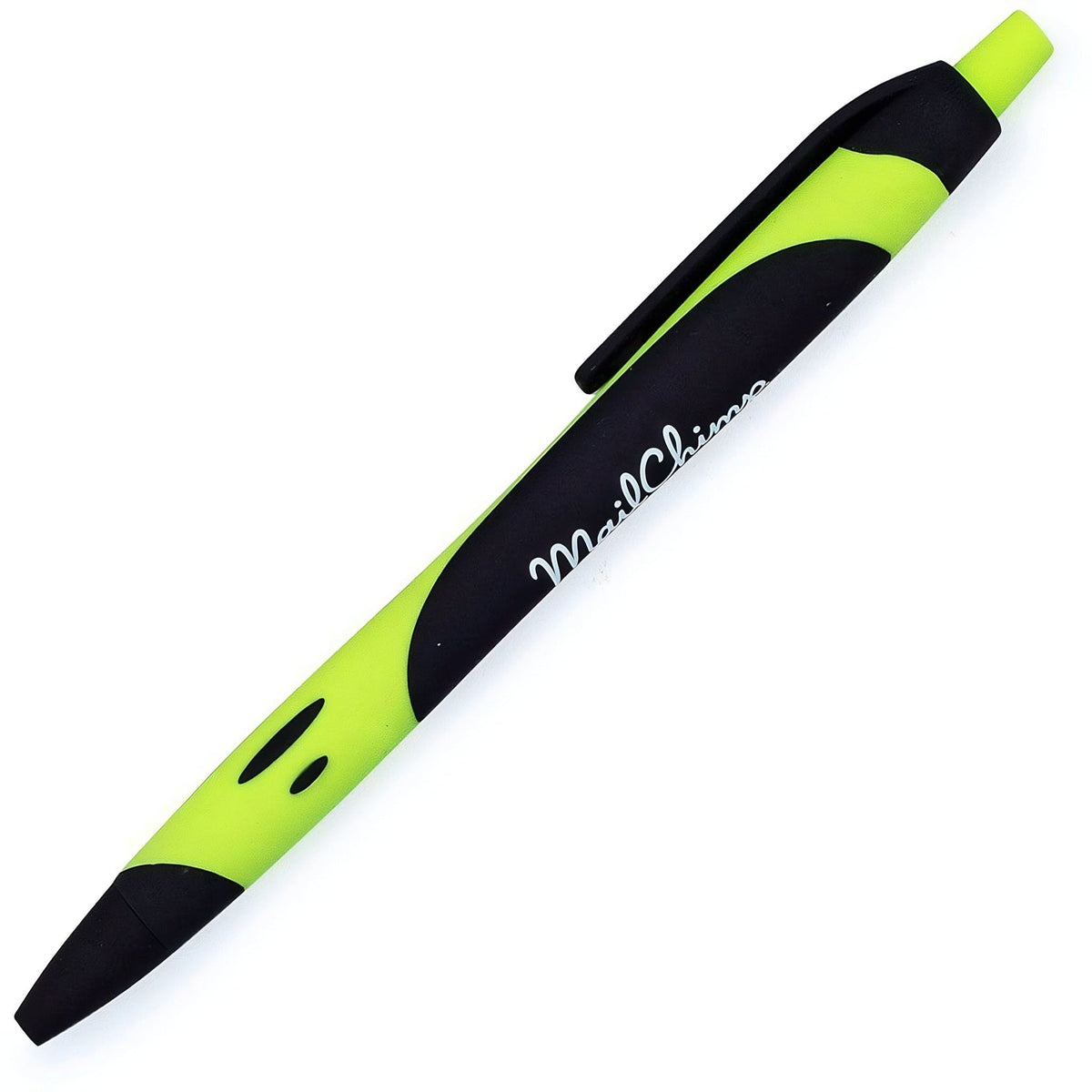 A green and black PensXpress Xpress Blackmore marketing pen with a clip, featuring the MailChimp logo printed in white along the barrel.