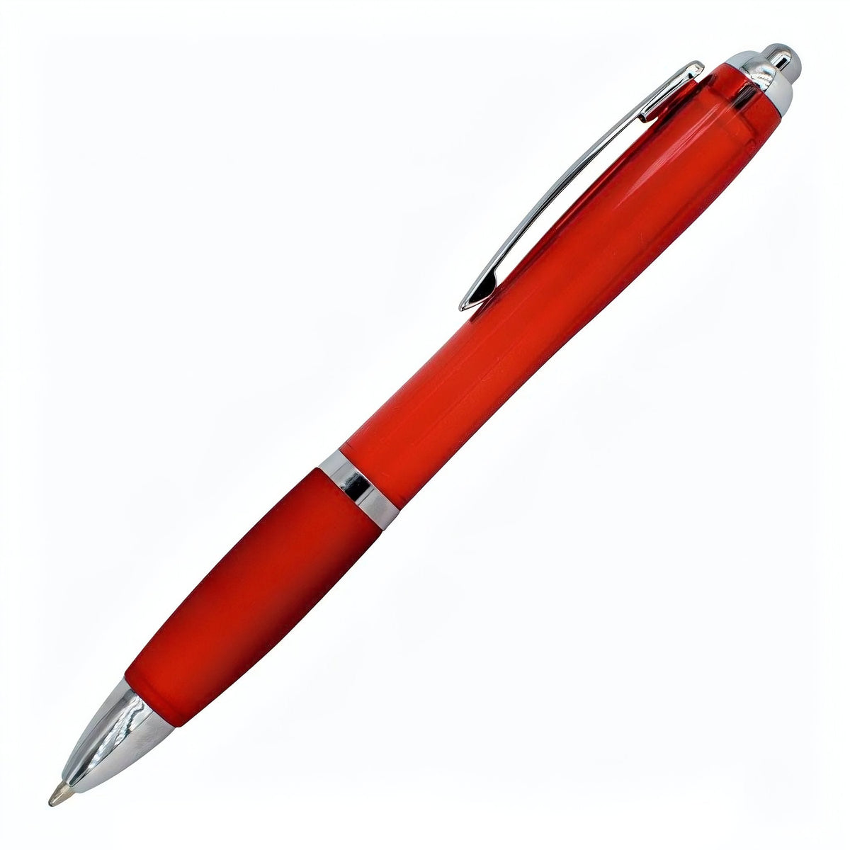 The PensXpress Xpress Cuda is a red ballpoint pen with silver clip and accents, shown diagonally on a white background, tip pointing down to the left. It features an ergonomic design for comfortable writing.