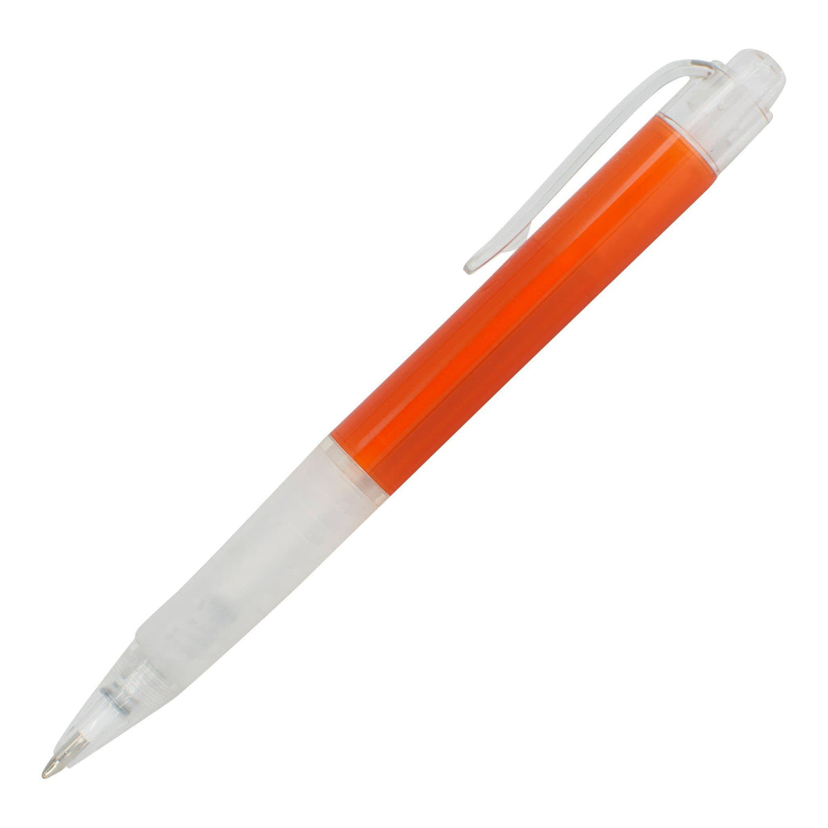 The PensXpress Xpress Montero is a retractable ballpoint pen featuring an orange barrel with a translucent white grip, clip, and button¡ªideal for customizable or promotional pens¡ªshown on a white background.