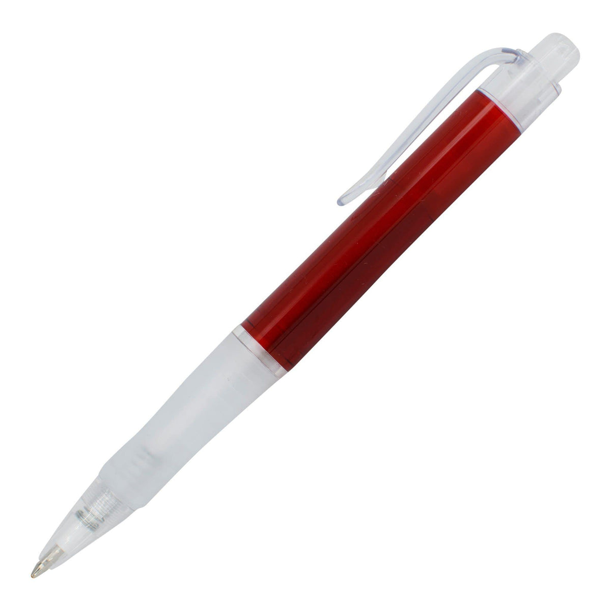 The Xpress Montero by PensXpress is a red and clear retractable ballpoint pen with a translucent clip and white grip, ideal for customizable or bulk orders, shown on a white background.