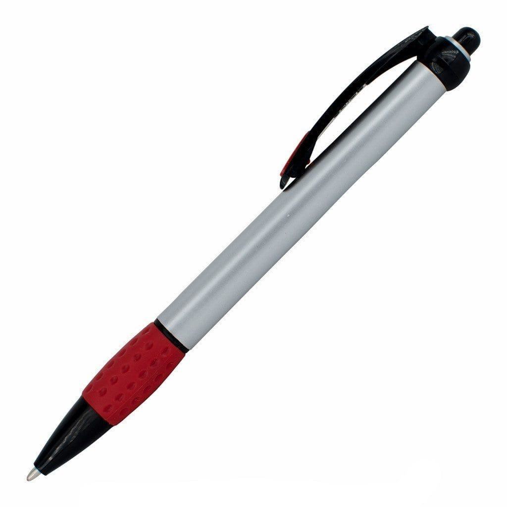 The PensXpress Xpress Shadow is a silver retractable pen with a black tip, red rubber grip, and black clip¡ªideal for promotional or custom orders¡ªshown on a white background.