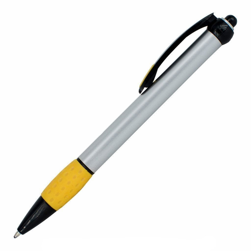 The PensXpress Xpress Shadow is a silver retractable pen featuring a yellow rubber grip, black clip, and black tip, shown diagonally on a white background. Ideal as a stylish promotional pen for your brand.