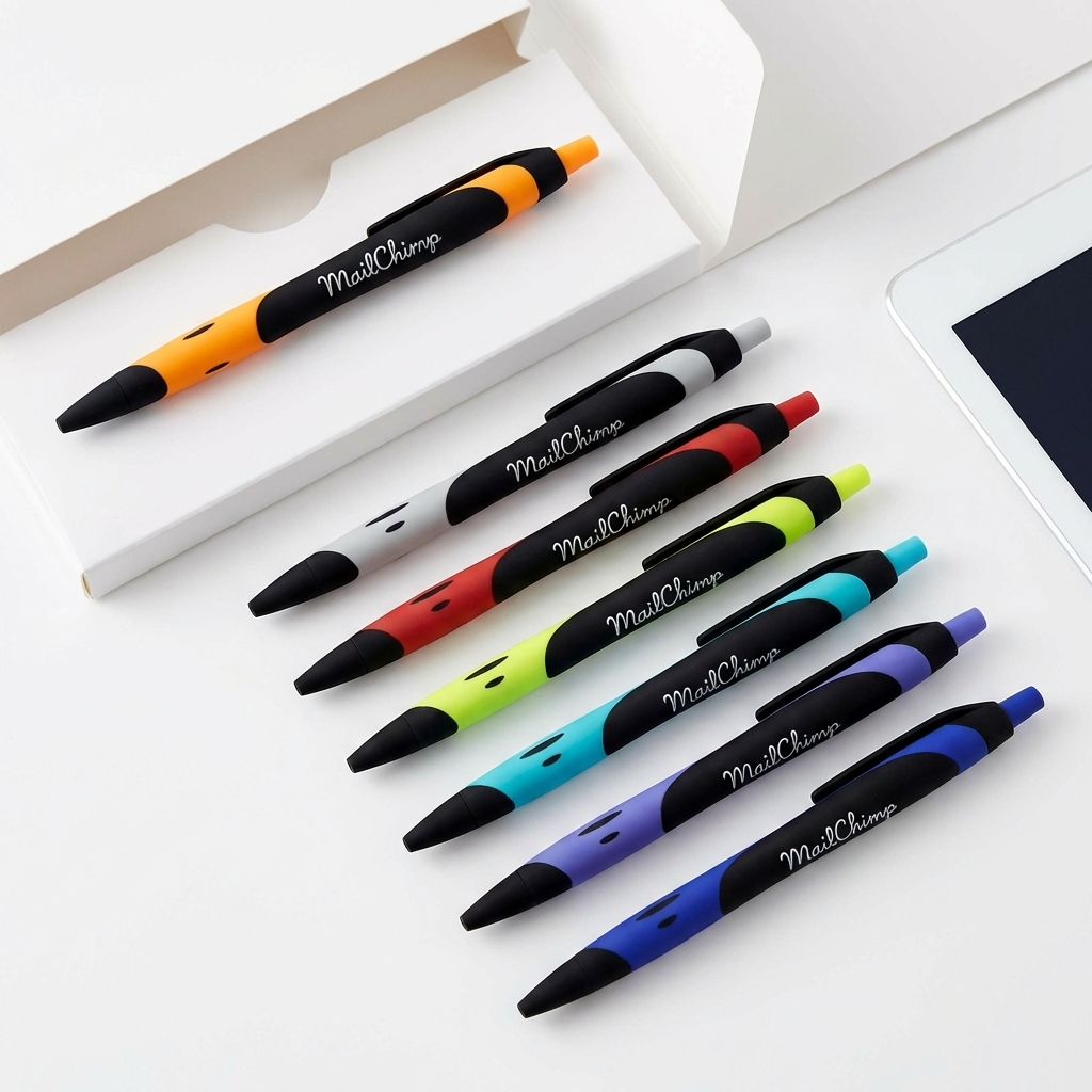 Eight colorful Xpress Blackmore retractable pens by PensXpress, each with a black grip, are lined up on a white surface beside a white box and the edge of a tablet.