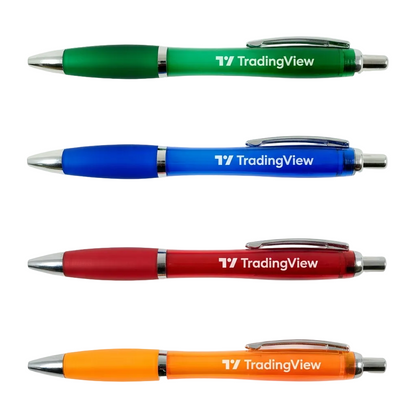 The Xpress Cuda by PensXpress includes four retractable pens in green, blue, red, and orange with silver clip and tip. Ergonomic design and the TradingView logo printed in white on the side; all aligned horizontally.