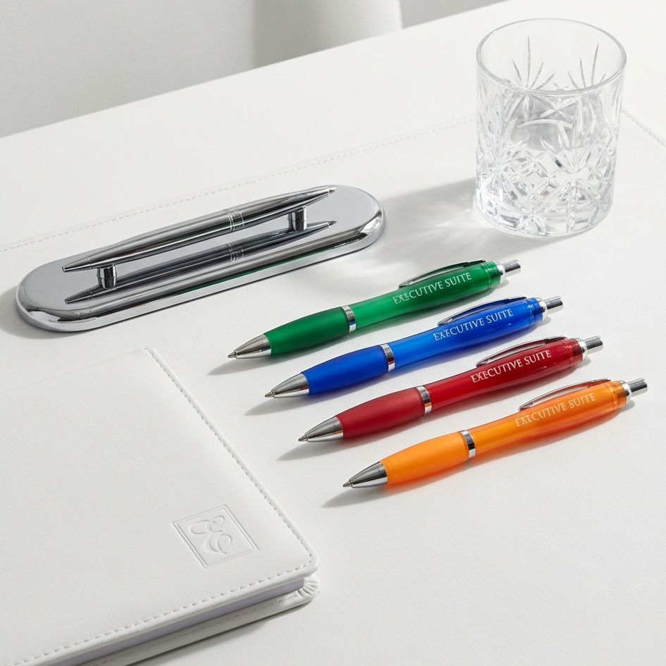 Four Xpress Cuda gripper pens by PensXpress are arranged on a white desk near a glass of water, metallic pen holder, and white leather-bound notebook¡ªperfect ergonomic promotional pens for any workspace.