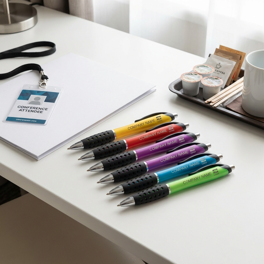 Six colorful Xpress Incline pens by PensXpress, a blank notepad, an attendee badge, and a tray with coffee supplies are neatly arranged on a desk, hinting at a conference or meeting setup.