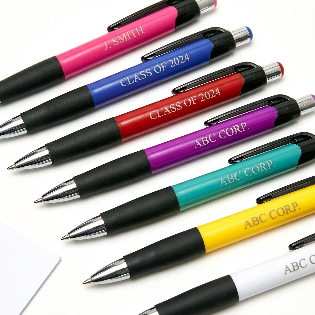 Seven Xpress Mardi Gras pens by PensXpress, each with a black grip, are shown side by side in pink, blue, red, purple, green, yellow, and white. The customizable pens display text like ¡°J. SMITH,¡± ¡°CLASS OF 2024,¡± and ¡°ABC CORP.¡±.
