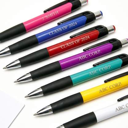 Seven Xpress Mardi Gras pens by PensXpress, each with a black grip, are shown side by side in pink, blue, red, purple, green, yellow, and white. The customizable pens display text like ¡°J. SMITH,¡± ¡°CLASS OF 2024,¡± and ¡°ABC CORP.¡±.