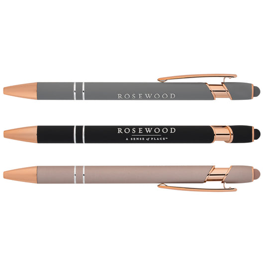 Three elegant Xpress Soft Touch Stylus pens by PensXpress in gray, black, and taupe with rose gold trim. Gray and black pens feature "ROSEWOOD"; the black one also says "A SENSE OF PLACE"¡ªideal as stylish promotional items.