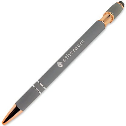 The Xpress Soft Touch Stylus by PensXpress features elegant rose gold trim, the Ethereum logo, and "ethereum" on its gray body¡ªdisplayed on a white background, making it perfect for promotional use.