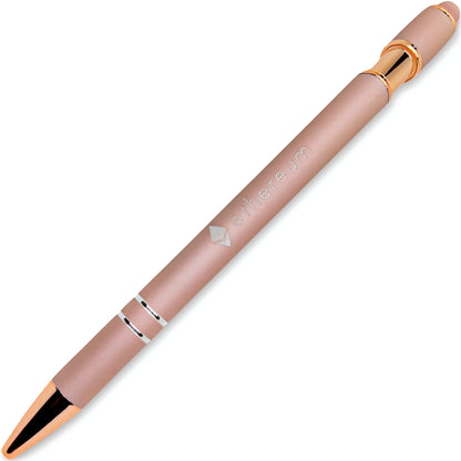 The Xpress Soft Touch Stylus - Rose Gold Trim by PensXpress is an elegant pen with metallic accents, rose gold trim, and the word "ethereum" plus logo engraved on the barrel¡ªperfect for promotional use.