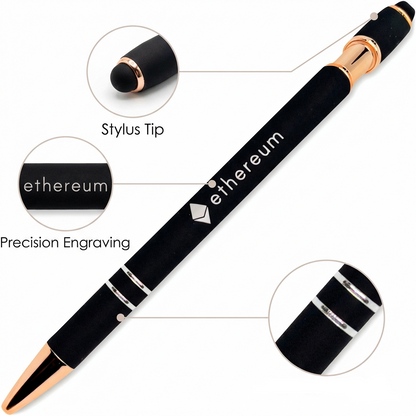 The Xpress Soft Touch Stylus by PensXpress features rose gold trim, a black finish with the Ethereum logo and text, a stylus tip, precision engraving, and a comfortable grip¡ªperfect as a promotional product.