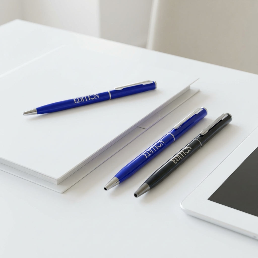 Two blue and one black Xpress Ultra Slim Metal pens by PensXpress, labeled 'EDITION,' lie on a white notepad beside a tablet, creating a clean, modern workspace with a touch of luxury writing instrument style.