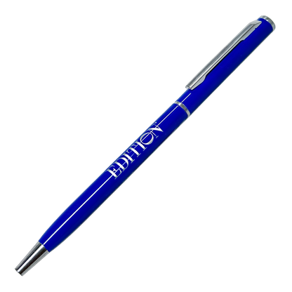 The PensXpress Xpress Ultra Slim Metal pen features a sleek blue barrel with silver accents, a clip, and "EDITION" printed in white capitals¡ªan elegant and luxurious writing instrument.