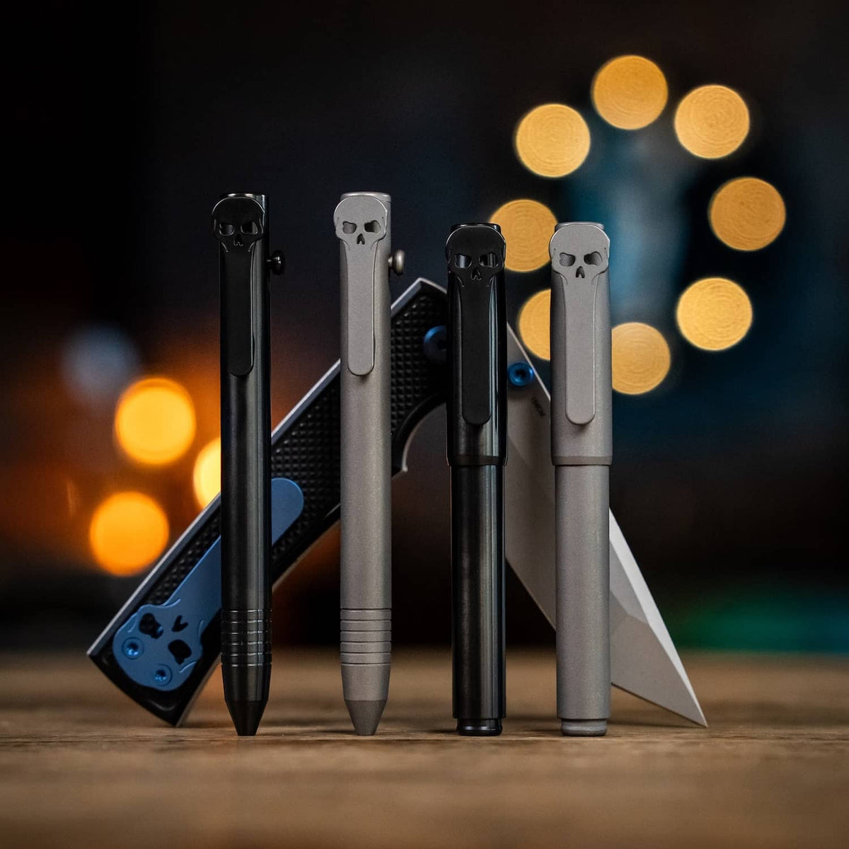 Chaves pens collection featuring black, gray, and metallic finishes with skull clips and various designs