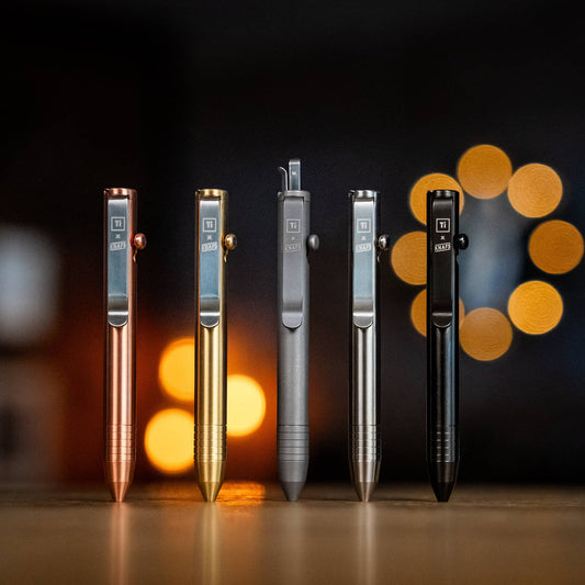 Knafs multi tool pen in silver, black, gold, copper, and gray finishes for versatile everyday use