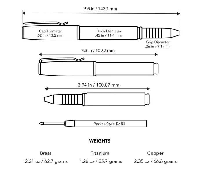 Technical drawing and dimensions of titanium capped pen with Parker-style refill and weight details