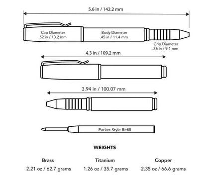 Technical drawing and dimensions of titanium capped pen with Parker-style refill and weight details