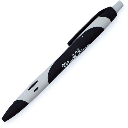 The Xpress Blackmore by PensXpress is a black and gray retractable ballpoint conference organizer pen with a clip, featuring the MailChimp logo on the side, shown against a white background.