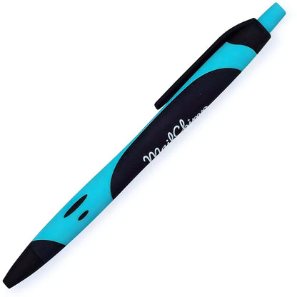 The Xpress Blackmore by PensXpress is a blue and black retractable ballpoint pen with a black clip and Mailchimp branding in white¡ªan ideal marketing pen for conference organizers.