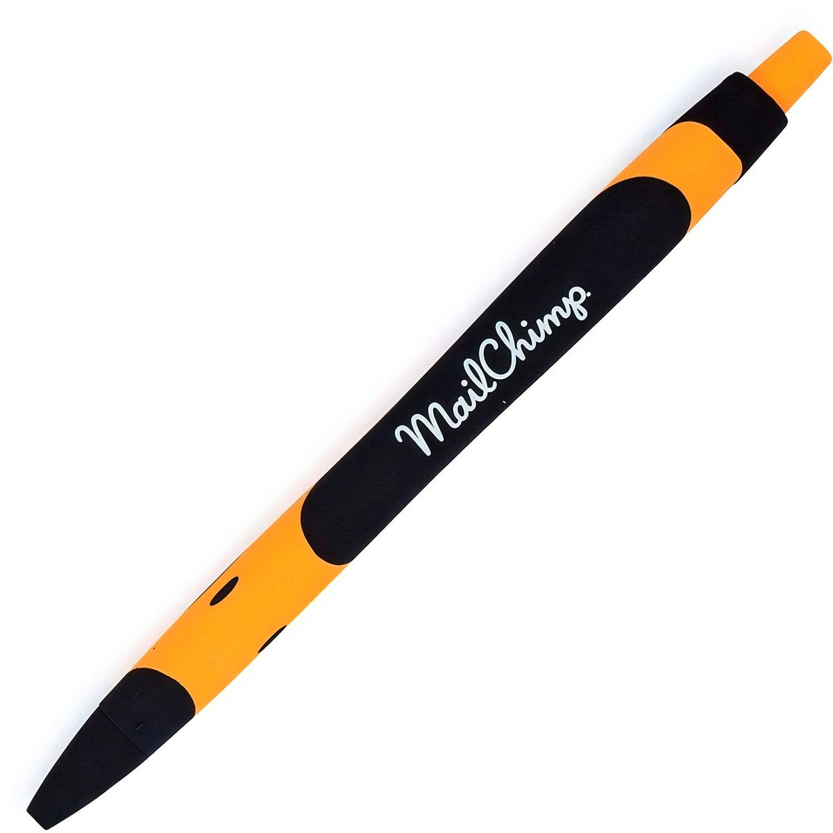 An orange and black customizable Xpress Blackmore logo pen by PensXpress, featuring "MailChimp" in white cursive on the side, photographed on a white background.