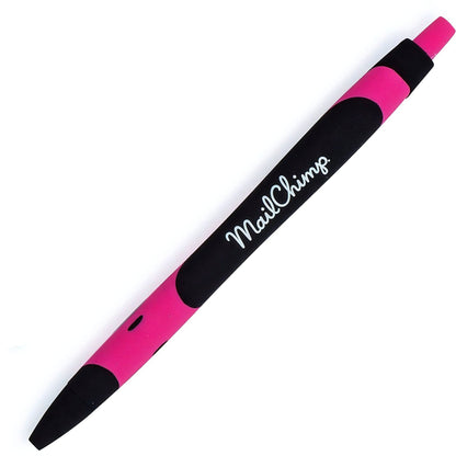 The Xpress Blackmore by PensXpress is a black and pink marketing pen with 'MailChimp' in white script on the side.