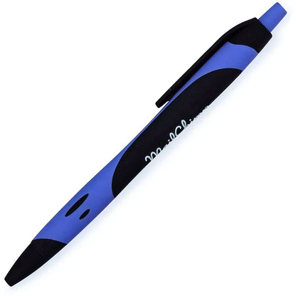 The Xpress Blackmore by PensXpress is a blue and black retractable ballpoint pen with a rubber grip and click mechanism, ideal for displaying your logo at events or serving as a sleek conference organizer pen.