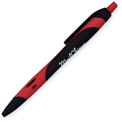 The Xpress Blackmore by PensXpress is a red and black retractable ballpoint pen with a clip, featuring the MailChimp logo in white on the barrel.