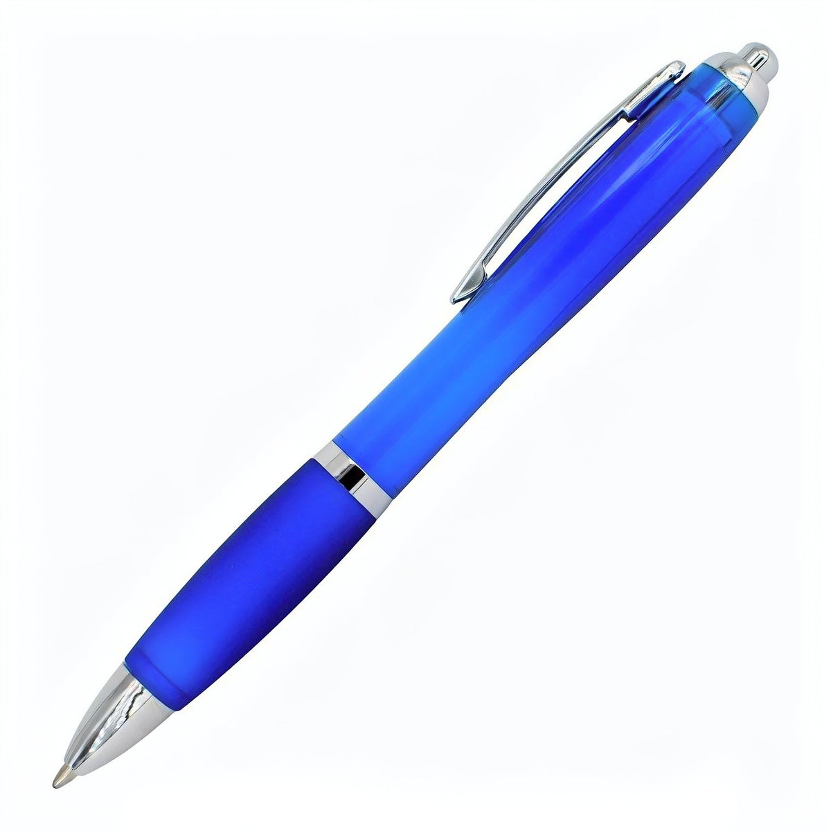 The PensXpress Xpress Cuda is a blue gripper pen with a silver clip, translucent upper barrel, and ergonomic design. Its textured grip provides comfort. The pen is shown diagonally on a white background.