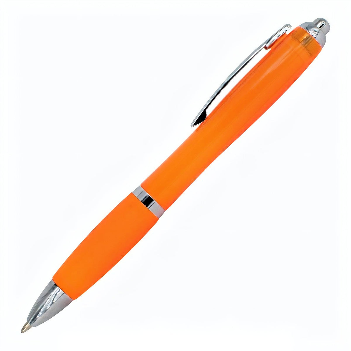 The PensXpress Xpress Cuda is an orange pen with a silver cap and ergonomic design for comfortable writing.