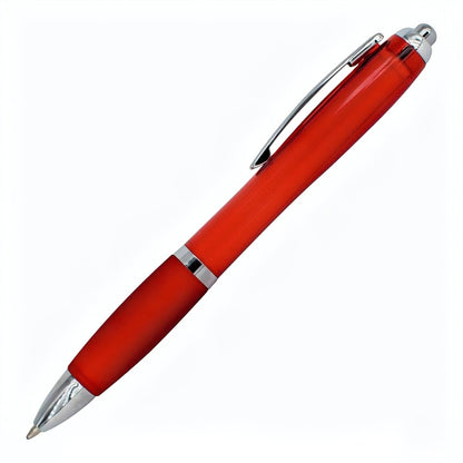 The PensXpress Xpress Cuda is a red ballpoint pen with silver clip and accents, shown diagonally on a white background, tip pointing down to the left. It features an ergonomic design for comfortable writing.