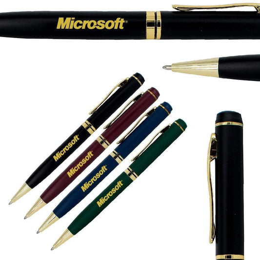 The Xpress Entrepreneur by PensXpress is a set of five pens in black, burgundy, blue, and green with gold accents and the Microsoft logo on the barrel. One pen is uncapped to show the tip¡ªideal for any corporate event.