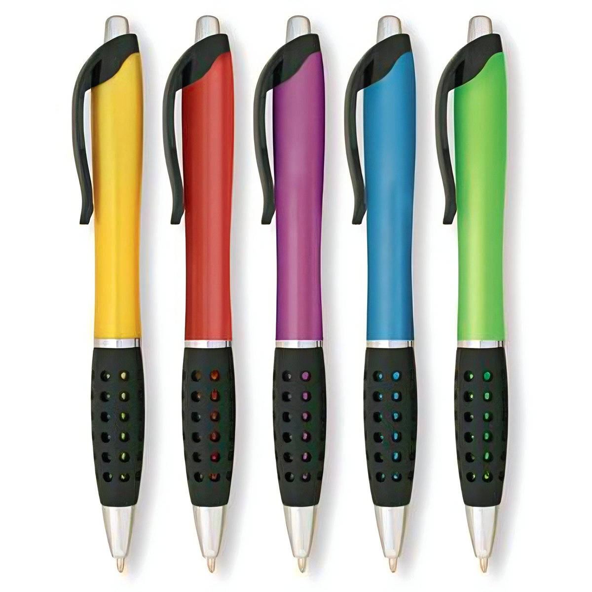 Five PensXpress Xpress Incline pens with black soft grips and colored barrels in yellow, red, purple, blue, and green are lined up vertically against a white background.