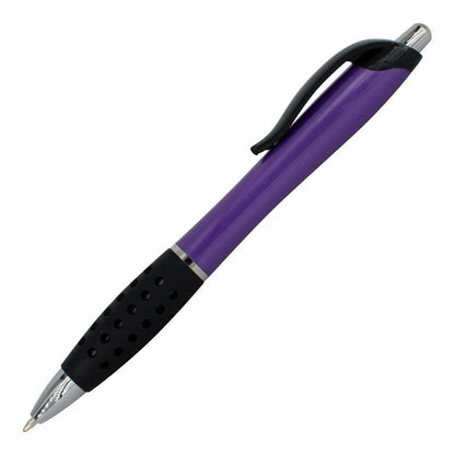 The PensXpress Xpress Incline is a purple and black retractable pen with a soft black rubber grip and silver tip, shown diagonally on a white background.