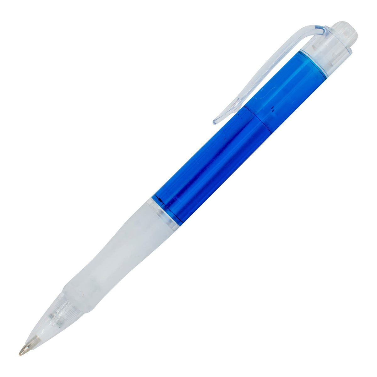 The Xpress Montero by PensXpress is a blue and transparent retractable ballpoint pen with a clear grip and pocket clip, ideal for promotional use, displayed on a white background.