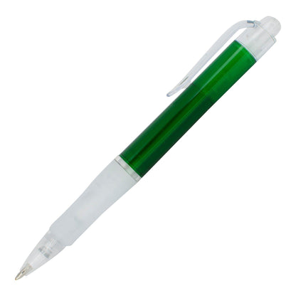 The Xpress Montero by PensXpress is a green, transparent plastic promotional pen with a clear cap and clip, displayed diagonally on a white background.