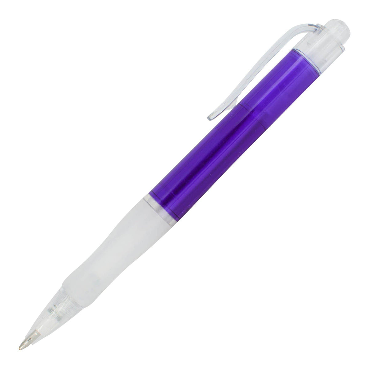 The PensXpress Xpress Montero is a customizable ballpoint pen featuring a translucent purple barrel, clear grip, and clear pocket clip shown diagonally on a white background¡ªideal for promotional or bulk pen orders.