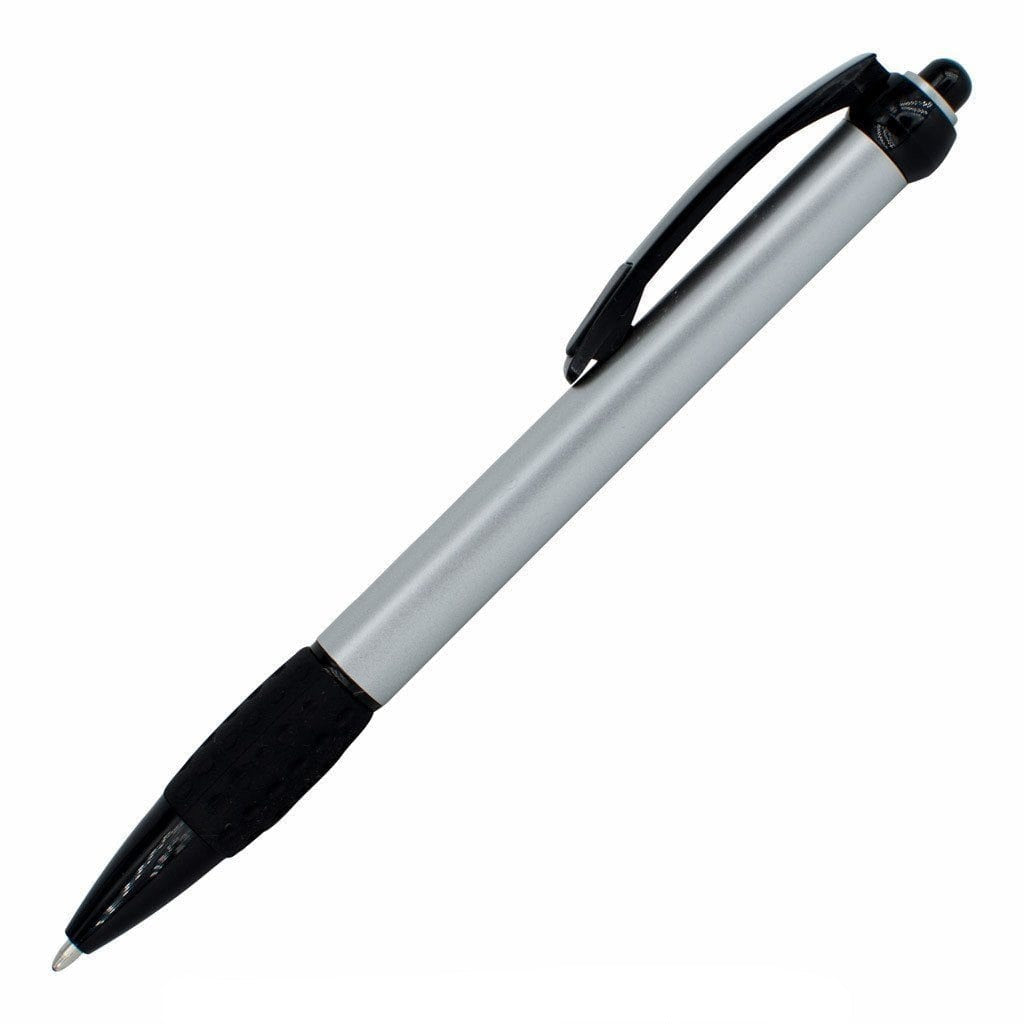 A silver PensXpress Xpress Shadow pen with black grip, clip, and click button is displayed on a white background¡ªperfect for custom branding or as an impactful promotional pen.