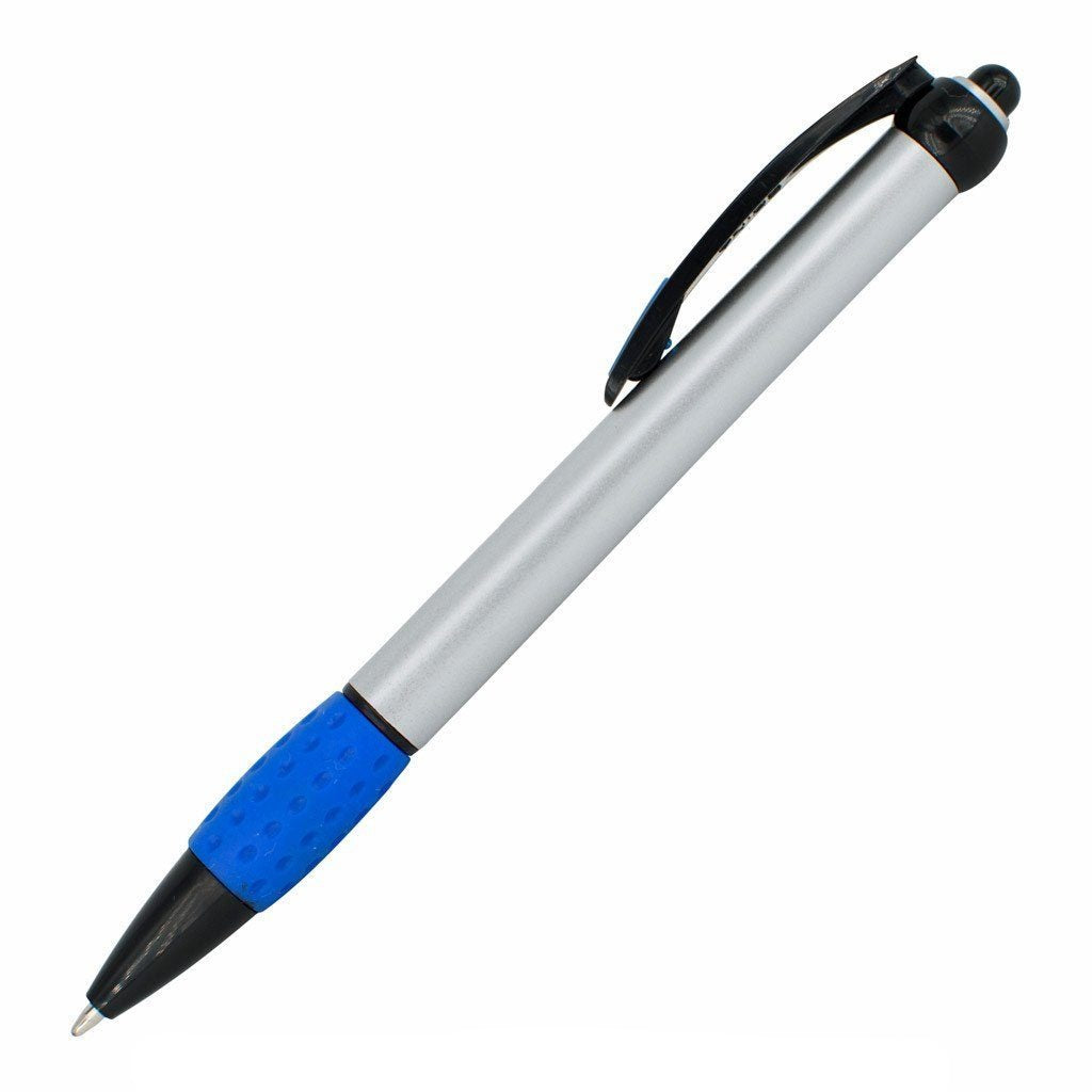 The Xpress Shadow by PensXpress features a silver barrel, black tip, blue textured grip, and black clip with push button¡ªideal custom pens for promoting your brand.