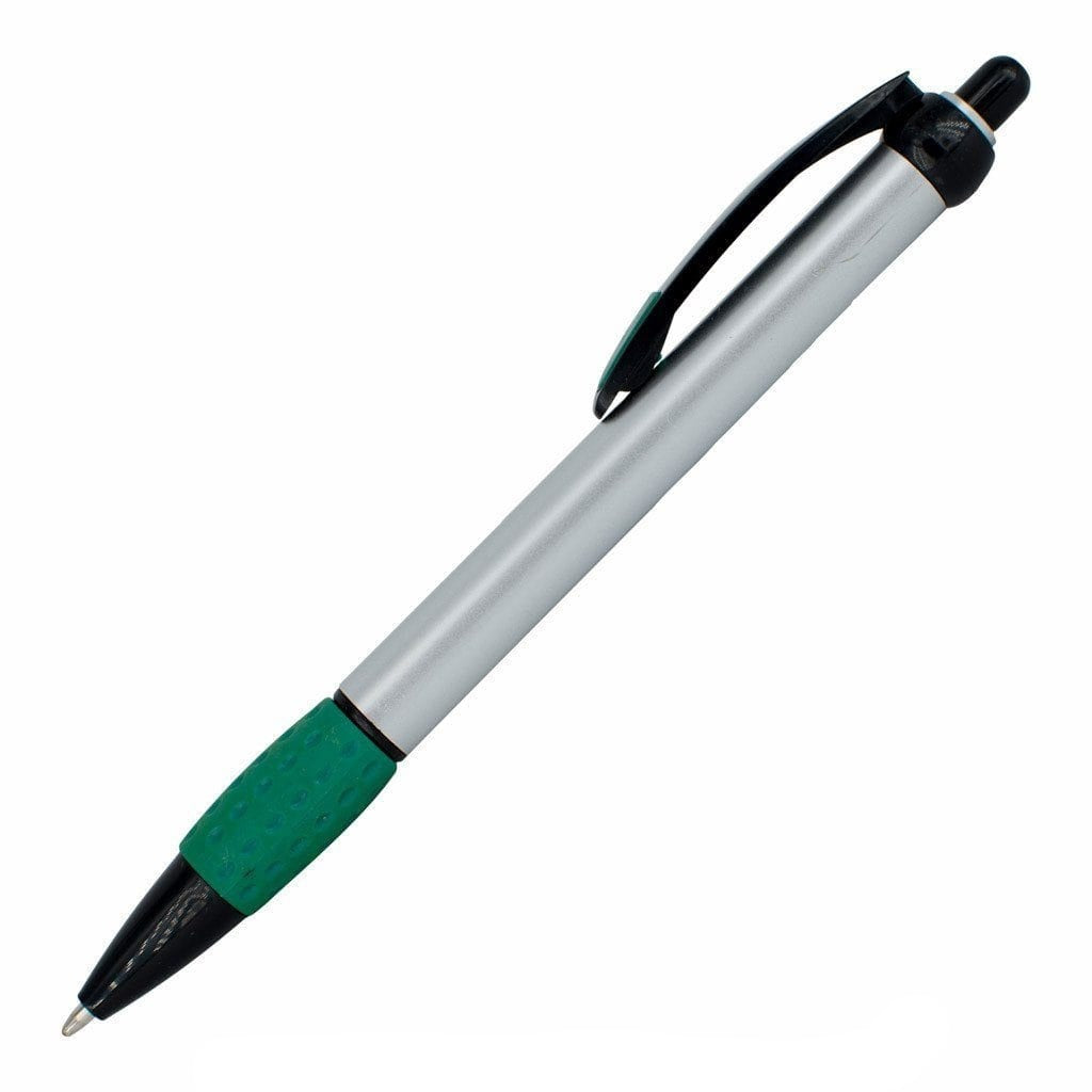 The PensXpress Xpress Shadow is a silver pen featuring a black tip, green textured grip, black clip, and black push button¡ªideal for anyone looking for stylish promotional pens.