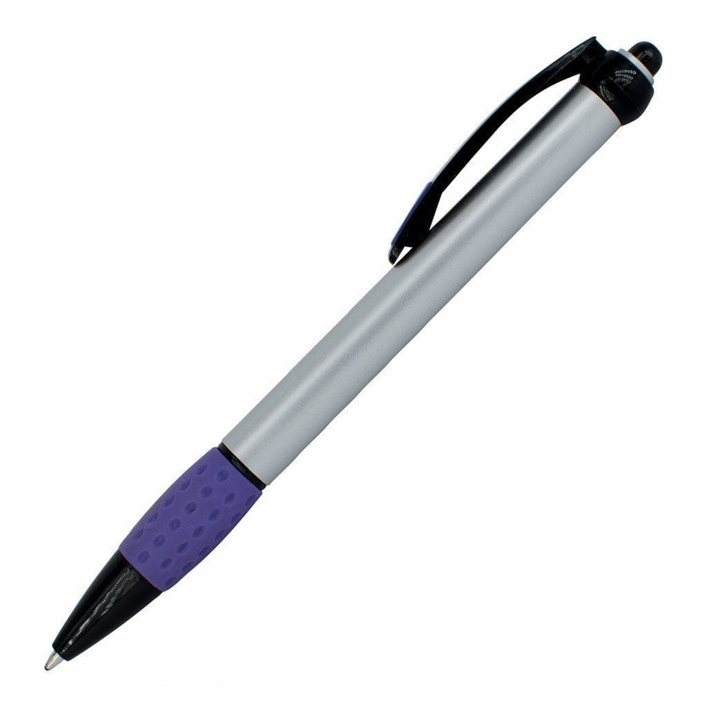 The PensXpress Xpress Shadow is a silver retractable pen with a purple rubber grip, black clip, and black accents¡ªperfect as a custom or promotional pen for your brand.